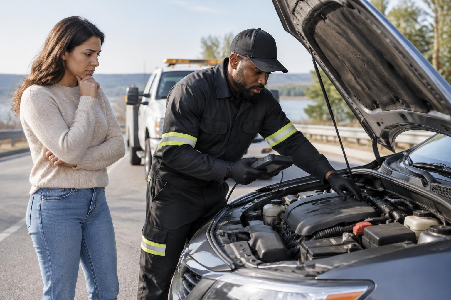 Roadside professional diagnosing a car problem under the hood